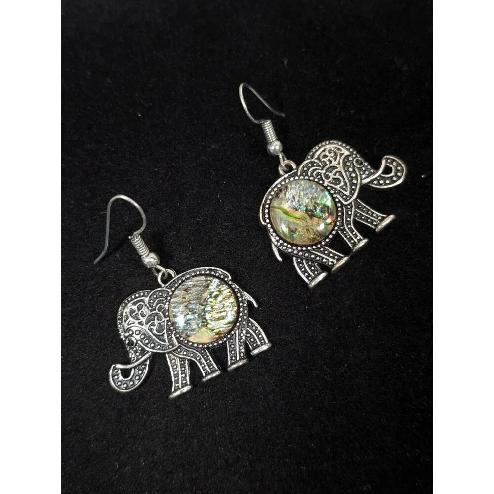 Silver Tone Abalone Shell Elephant Dangle Pierced Earrings Hook Clasp